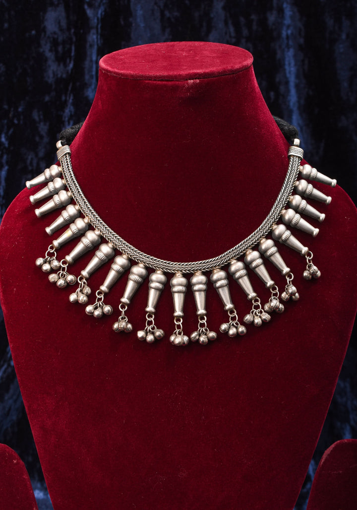 Replica Inspired Design Oxidised Choker Necklace in silver finish and dangling silver beads | Shobitam Jewelry