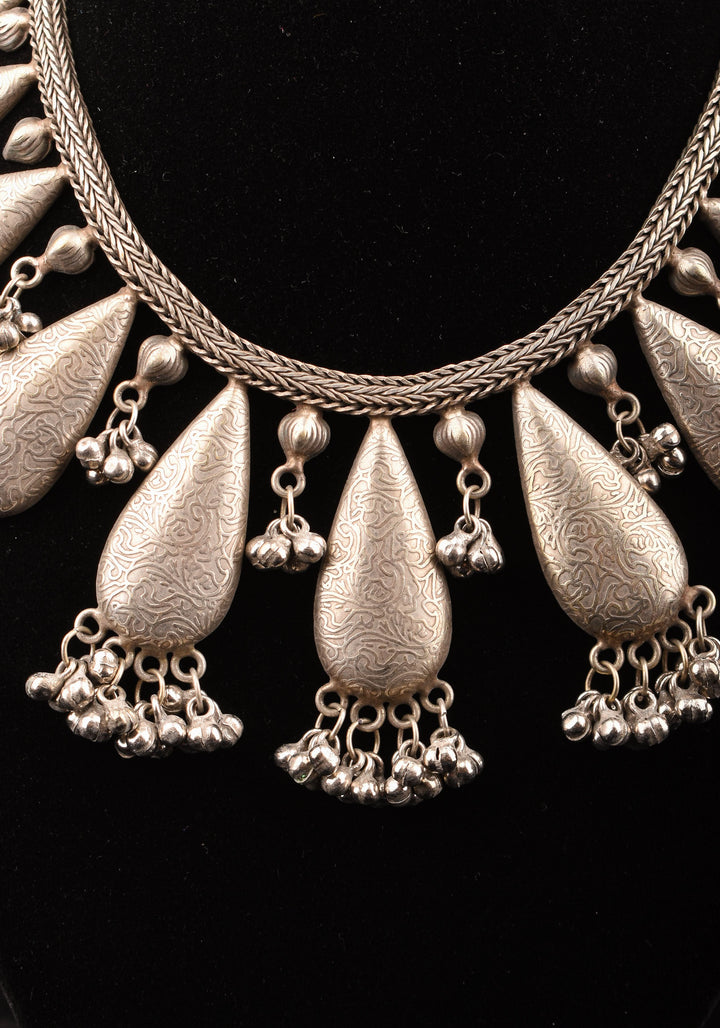 Rain Drop Inspired Design Oxidised Choker Necklace in silver and Cluster dangling silver beads | Shobitam Jewelry