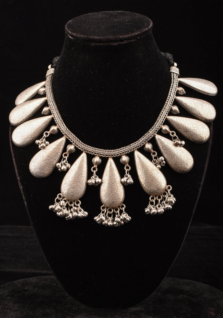 Rain Drop Inspired Design Oxidised Choker Necklace in silver and Cluster dangling silver beads | Shobitam Jewelry