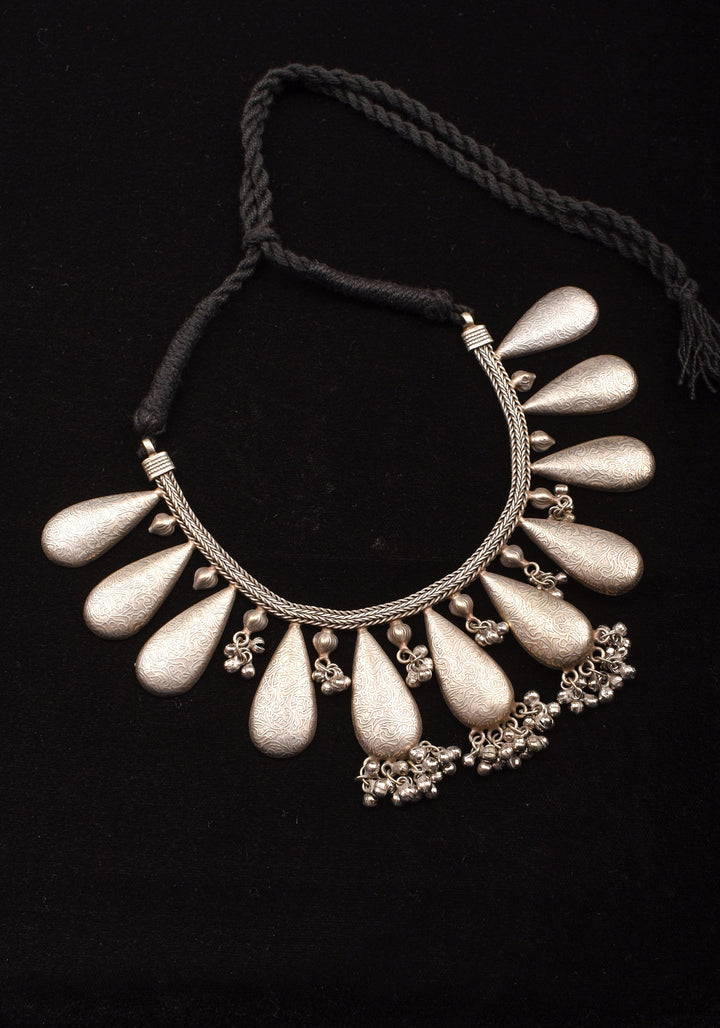 Rain Drop Inspired Design Oxidised Choker Necklace in silver and Cluster dangling silver beads | Shobitam Jewelry