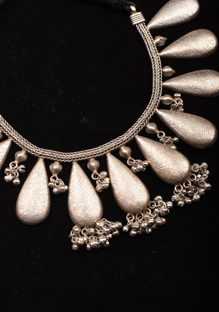 Rain Drop Inspired Design Oxidised Choker Necklace in silver and Cluster dangling silver beads | Shobitam Jewelry