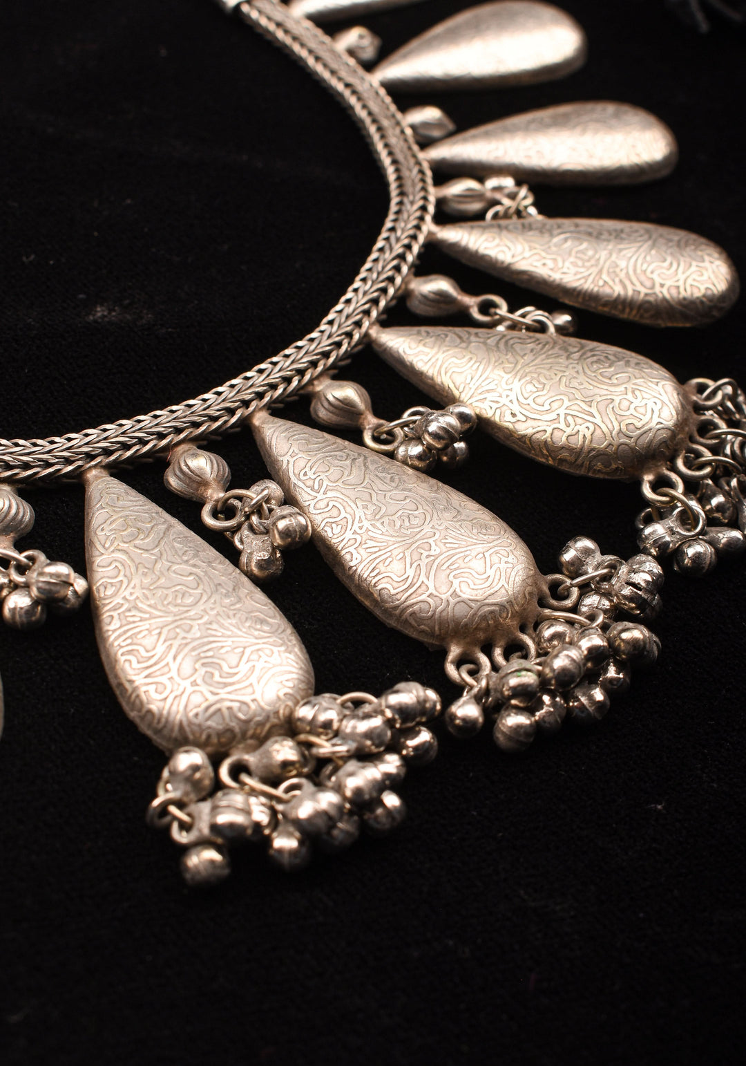 Rain Drop Inspired Design Oxidised Choker Necklace in silver and Cluster dangling silver beads | Shobitam Jewelry