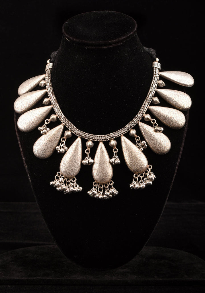 Rain Drop Inspired Design Oxidised Choker Necklace in silver and Cluster dangling silver beads | Shobitam Jewelry