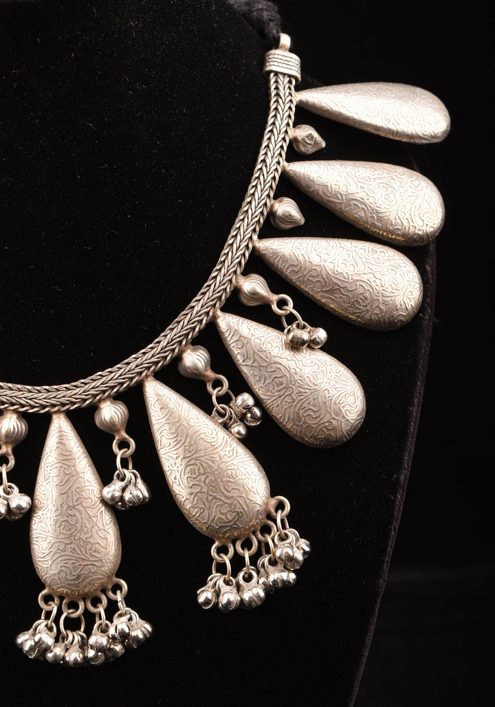 Rain Drop Inspired Design Oxidised Choker Necklace in silver and Cluster dangling silver beads | Shobitam Jewelry