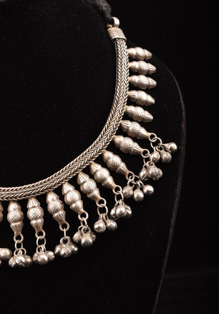 Replica Inspired Design Oxidised Choker Necklace in silver finish and dangling silver beads | Shobitam Jewelry