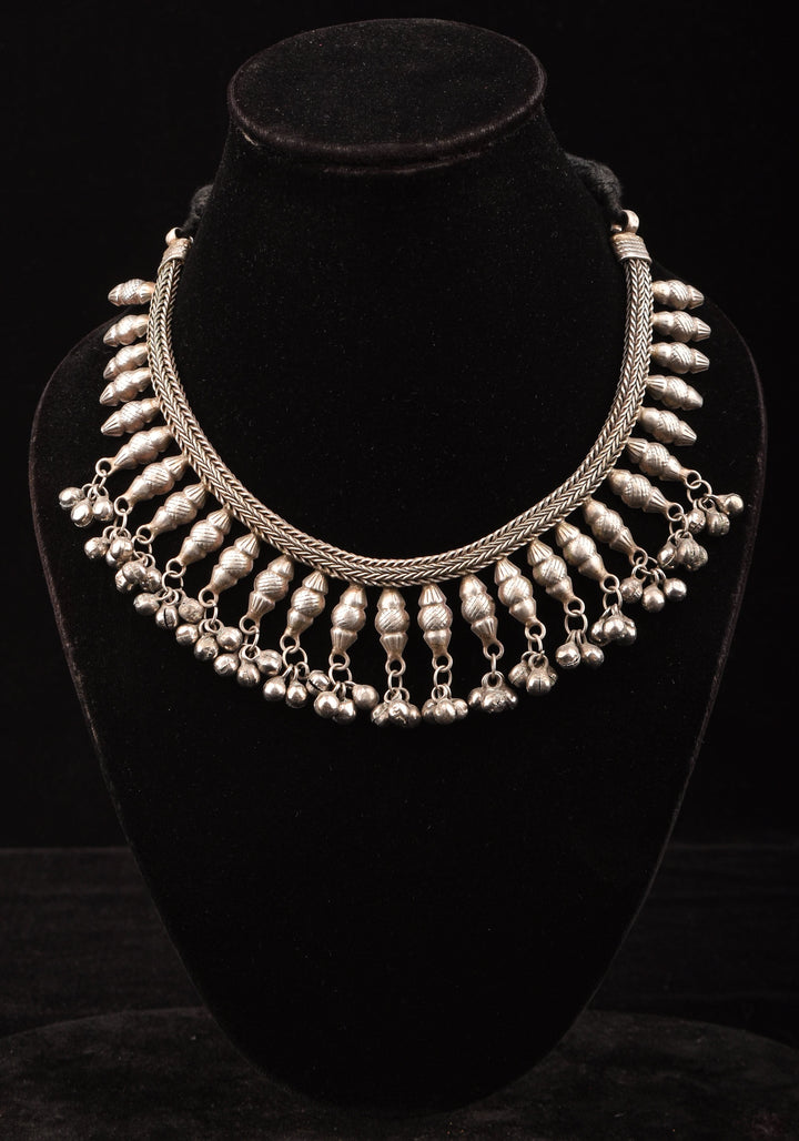 Replica Inspired Design Oxidised Choker Necklace in silver finish and dangling silver beads | Shobitam Jewelry