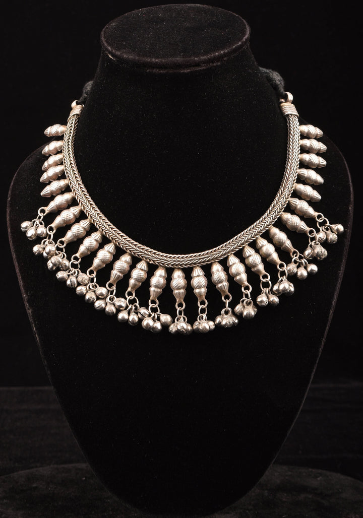 Replica Inspired Design Oxidised Choker Necklace in silver finish and dangling silver beads | Shobitam Jewelry