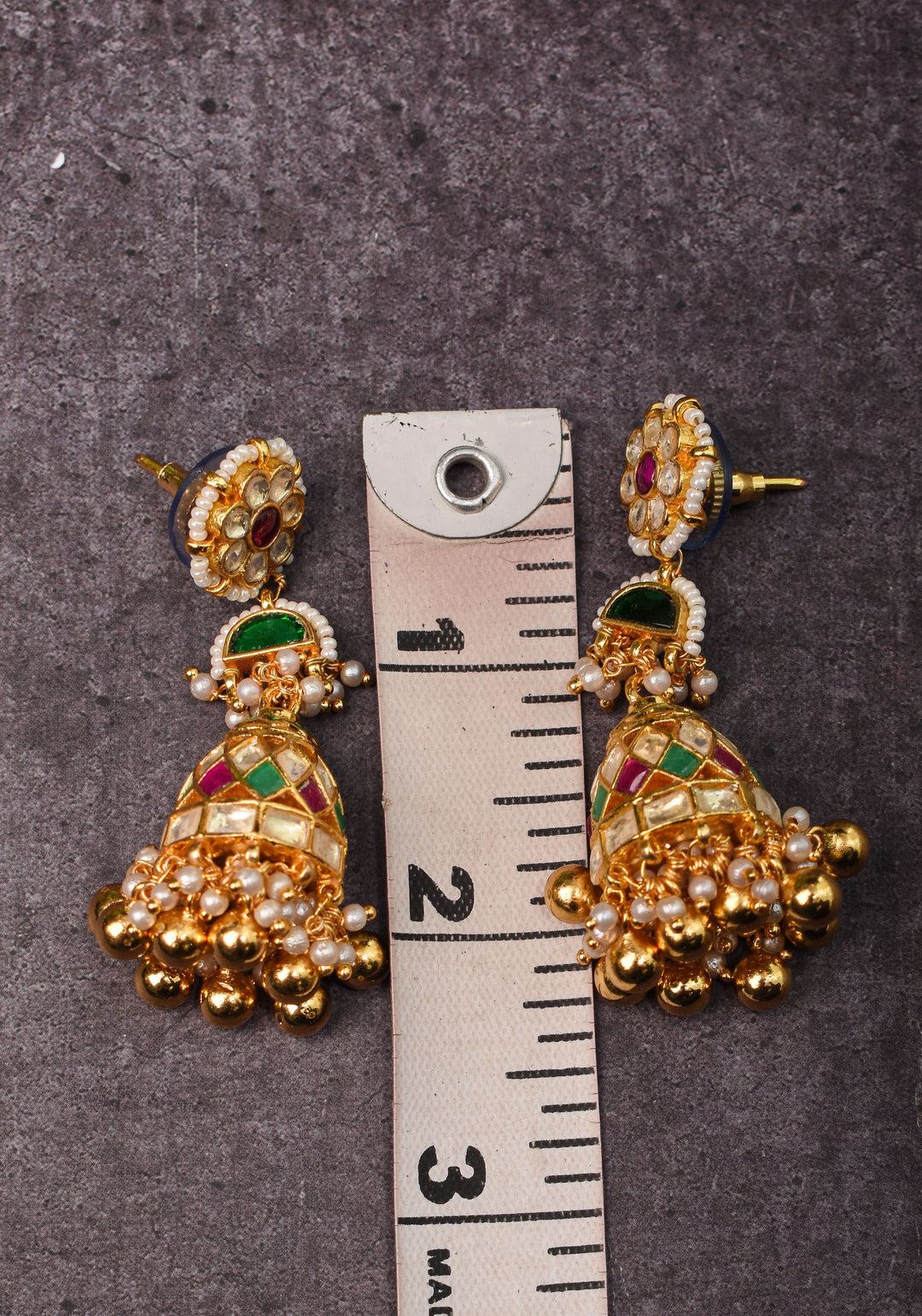 2.3" Kundan and Green,pink,white stone Jhumka earrings | Shobitam Jewelry