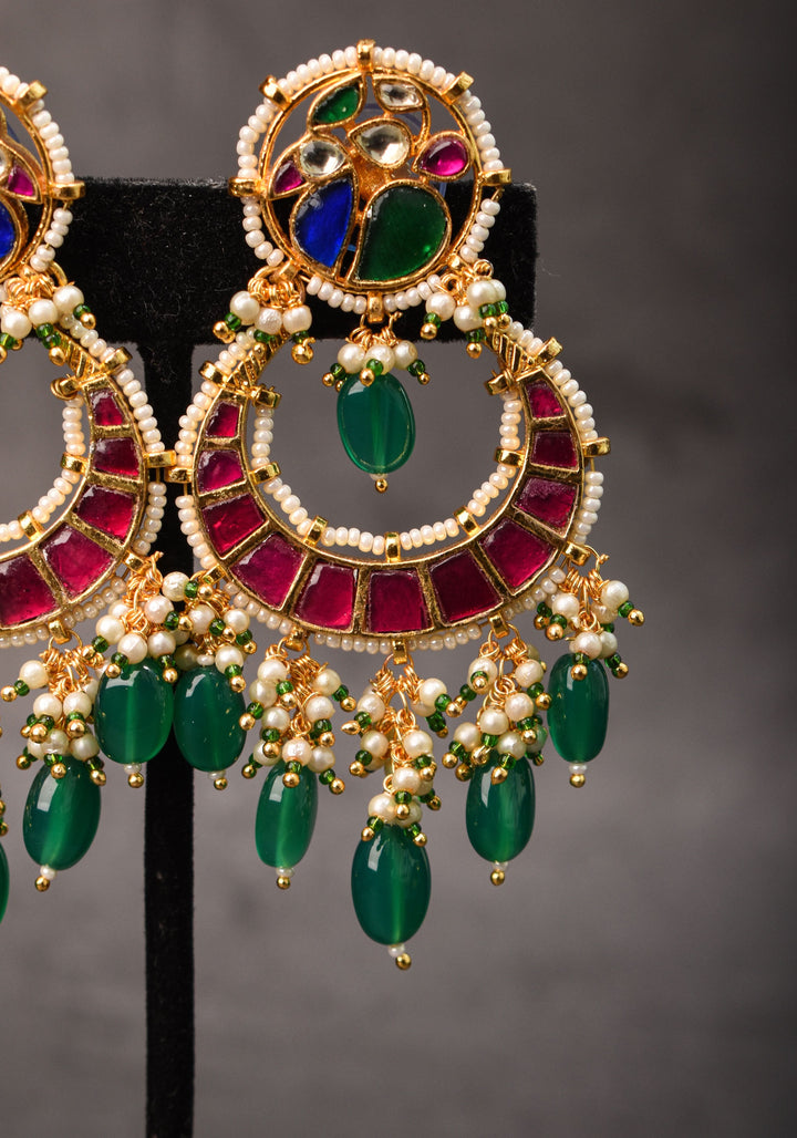 Chandbali Earrings with Pink, Green White & Blue Stones embedded in Jadau technique | Shobitam Jewelry