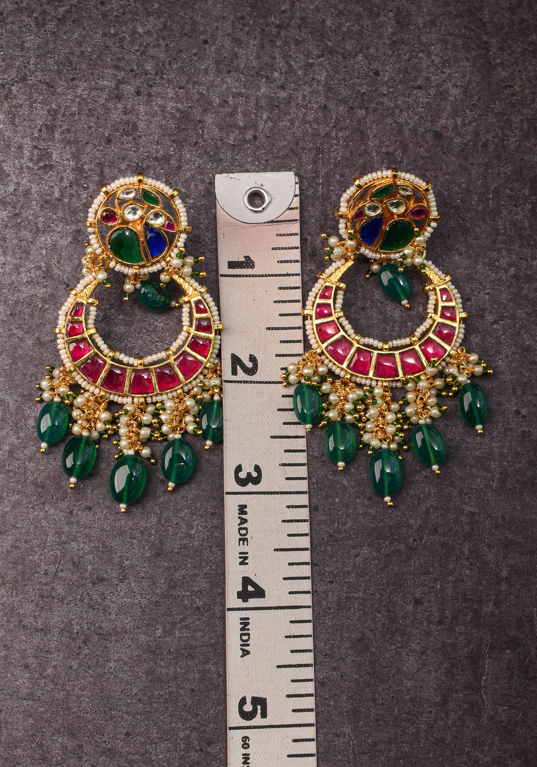 Chandbali Earrings with Pink, Green White & Blue Stones embedded in Jadau technique | Shobitam Jewelry