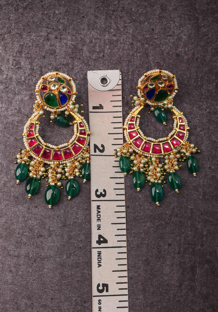 Chandbali Earrings with Pink, Green White & Blue Stones embedded in Jadau technique | Shobitam Jewelry
