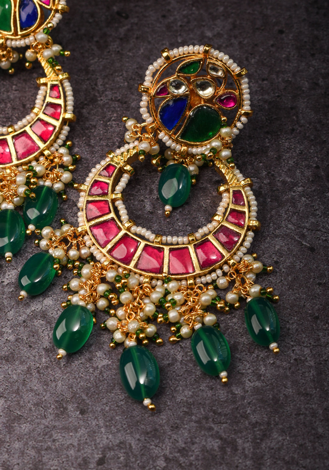 Chandbali Earrings with Pink, Green White & Blue Stones embedded in Jadau technique | Shobitam Jewelry