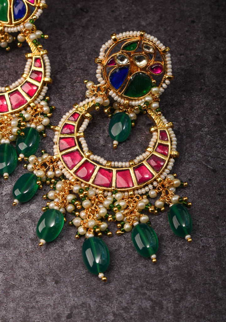 Chandbali Earrings with Pink, Green White & Blue Stones embedded in Jadau technique | Shobitam Jewelry