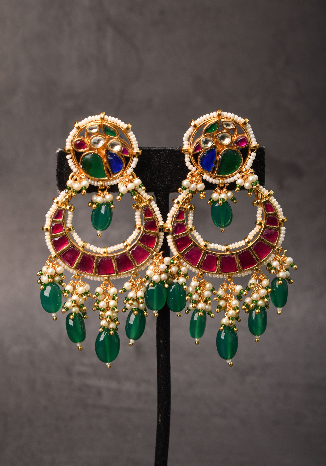 Chandbali Earrings with Pink, Green White & Blue Stones embedded in Jadau technique | Shobitam Jewelry