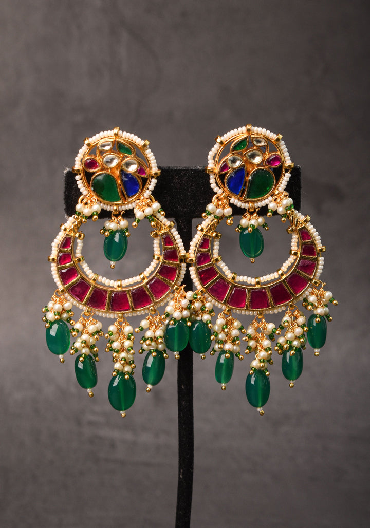 Chandbali Earrings with Pink, Green White & Blue Stones embedded in Jadau technique | Shobitam Jewelry