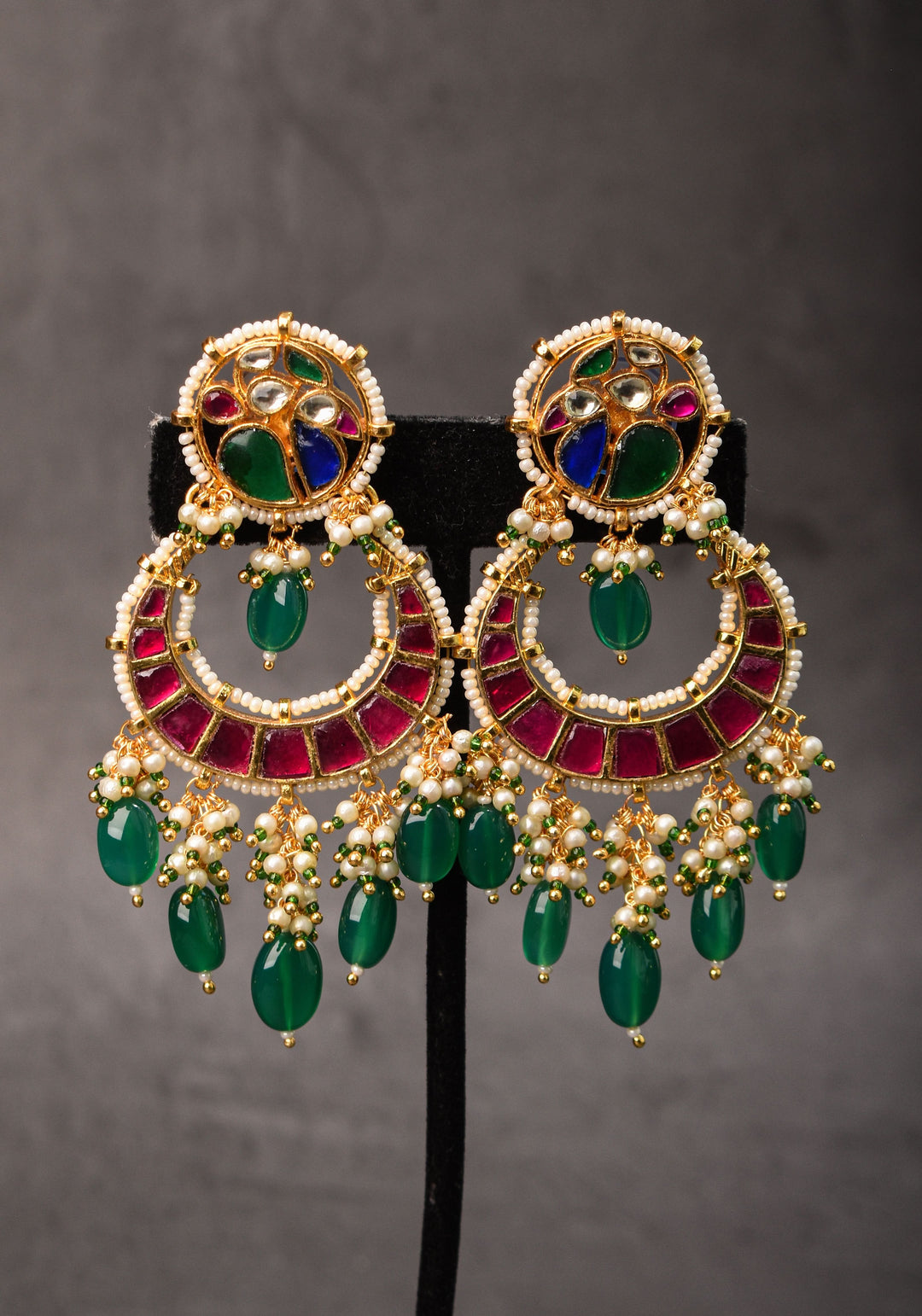 Chandbali Earrings with Pink, Green White & Blue Stones embedded in Jadau technique | Shobitam Jewelry