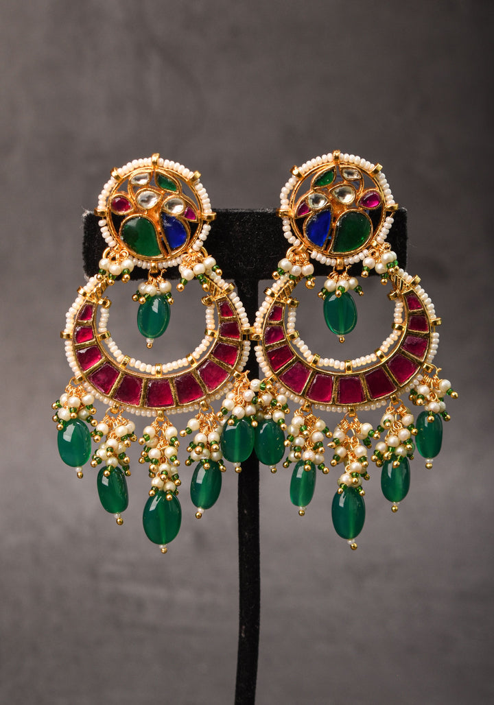 Chandbali Earrings with Pink, Green White & Blue Stones embedded in Jadau technique | Shobitam Jewelry