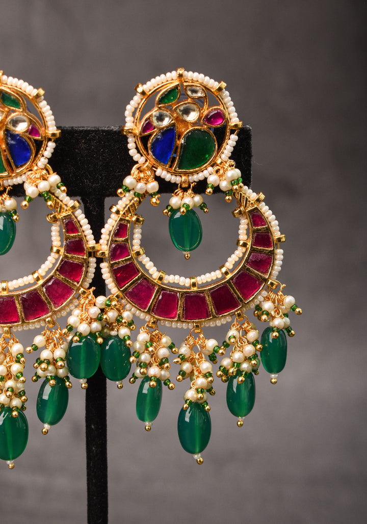 Chandbali Earrings with Pink, Green White & Blue Stones embedded in Jadau technique | Shobitam Jewelry