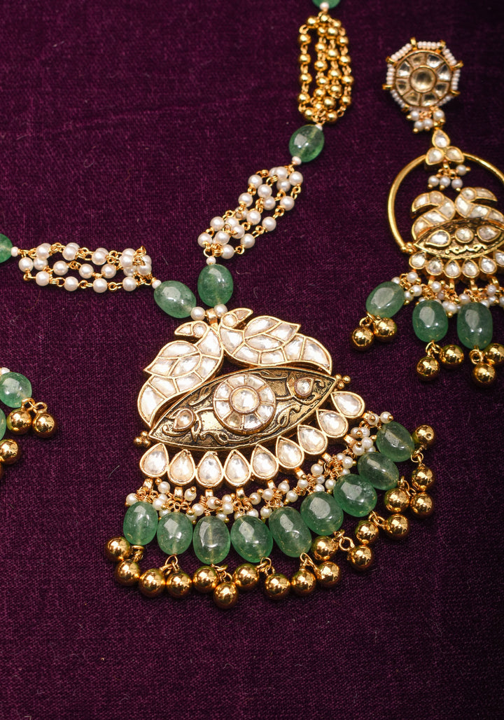 Jadau Pendant on Multistrand Sage Green Beads Necklace set with Twin Peacock Pendant and | Shobitam Jewelry