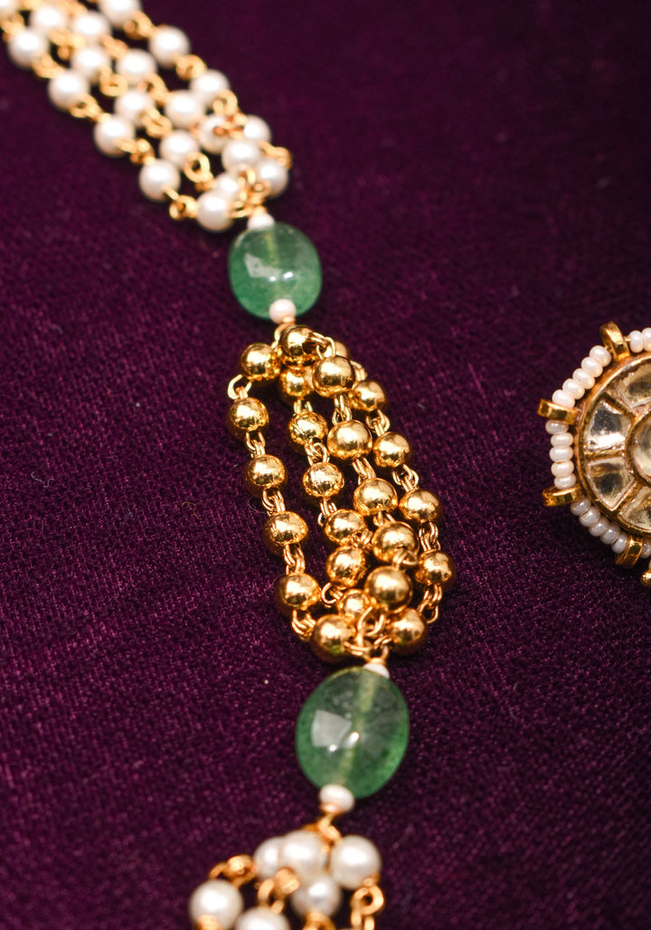 Jadau Pendant on Multistrand Sage Green Beads Necklace set with Twin Peacock Pendant and | Shobitam Jewelry