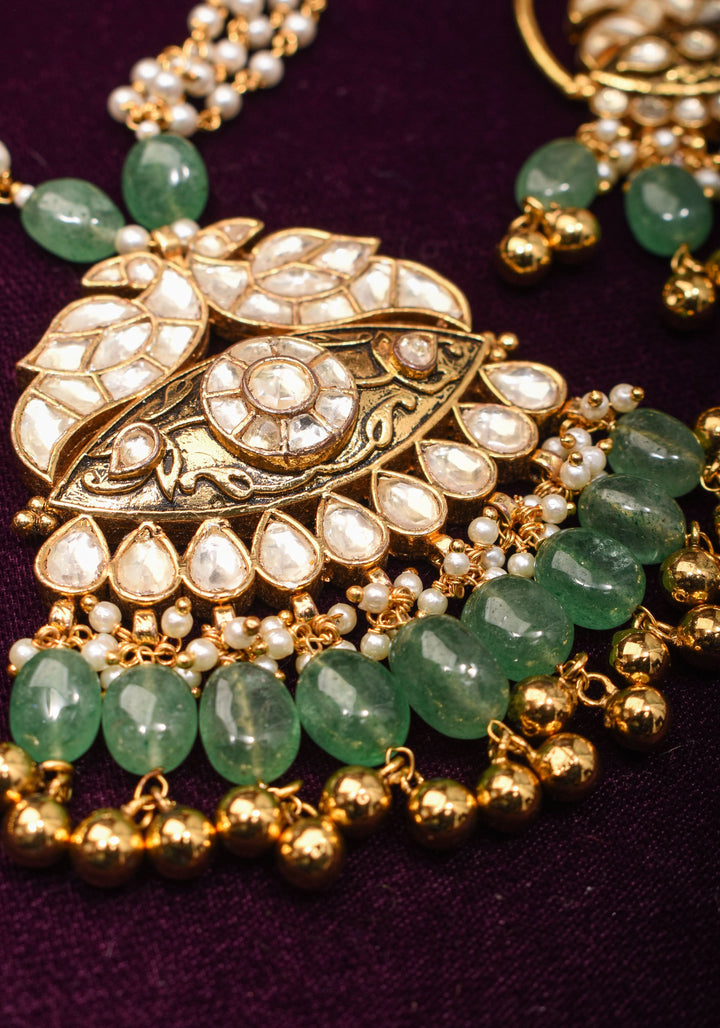 Jadau Pendant on Multistrand Sage Green Beads Necklace set with Twin Peacock Pendant and | Shobitam Jewelry
