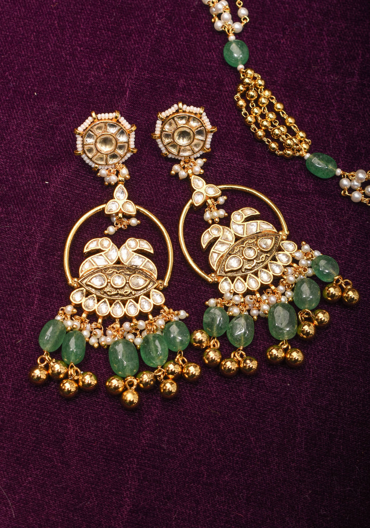 Jadau Pendant on Multistrand Sage Green Beads Necklace set with Twin Peacock Pendant and | Shobitam Jewelry