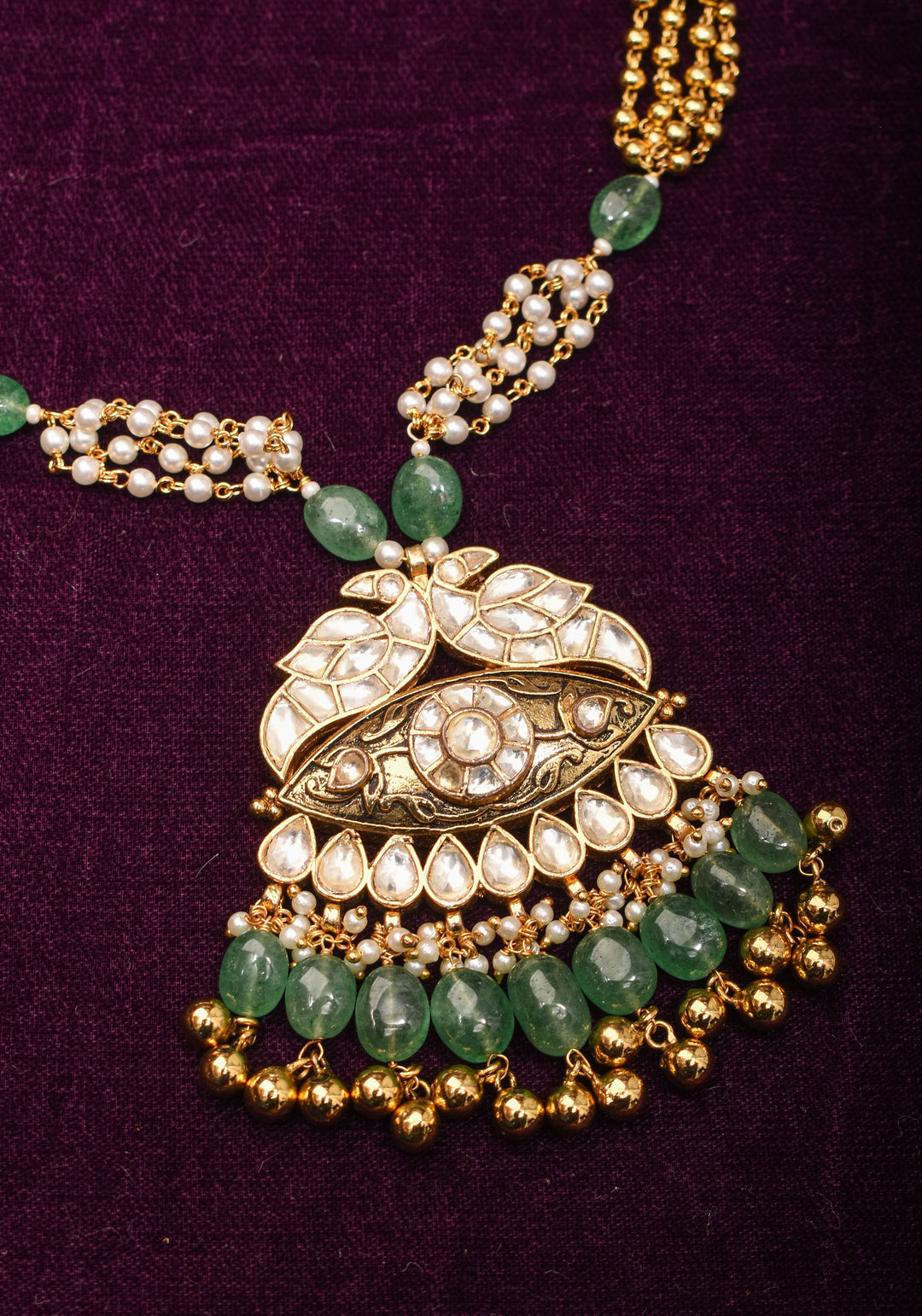 Jadau Pendant on Multistrand Sage Green Beads Necklace set with Twin Peacock Pendant and | Shobitam Jewelry