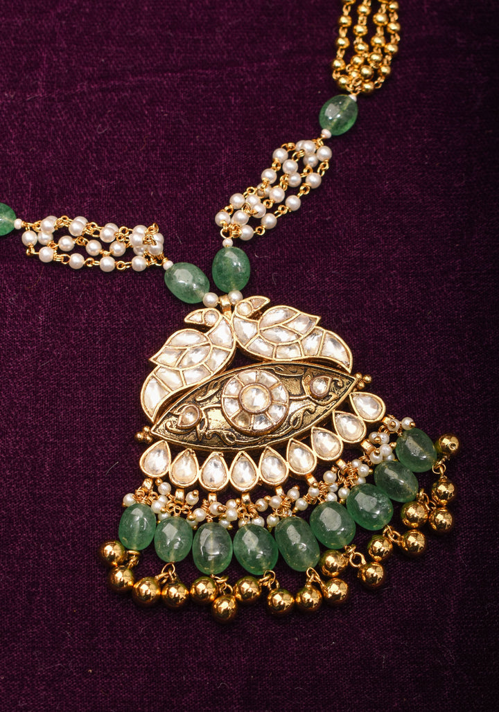 Jadau Pendant on Multistrand Sage Green Beads Necklace set with Twin Peacock Pendant and | Shobitam Jewelry