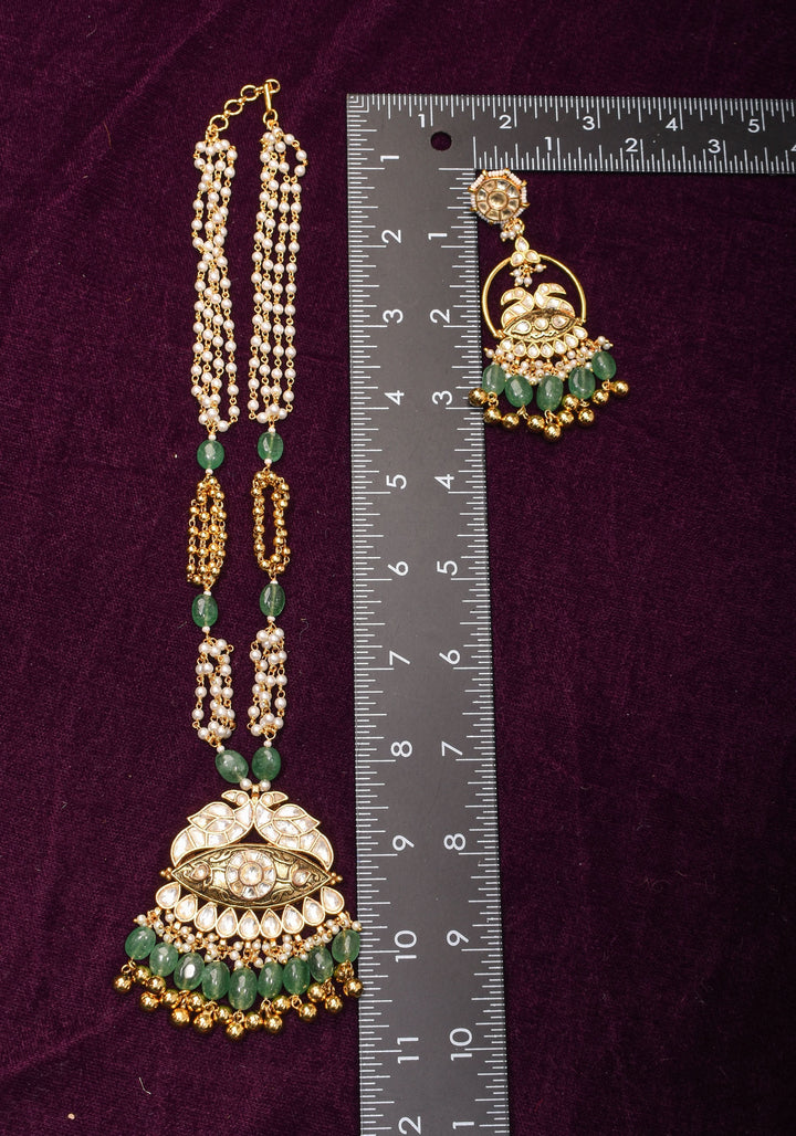 Jadau Pendant on Multistrand Sage Green Beads Necklace set with Twin Peacock Pendant and | Shobitam Jewelry
