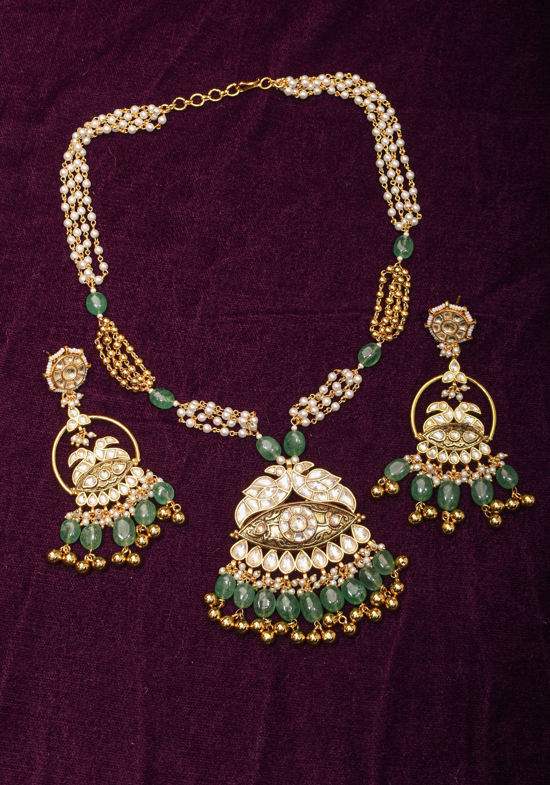 Jadau Pendant on Multistrand Sage Green Beads Necklace set with Twin Peacock Pendant and | Shobitam Jewelry