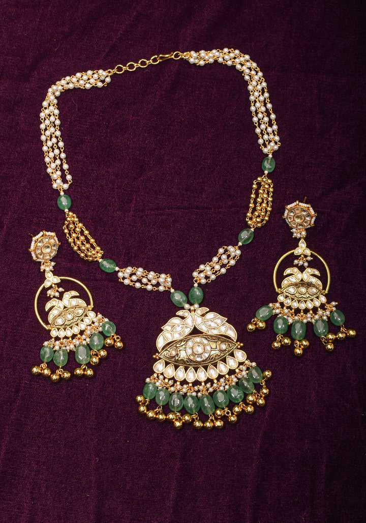 Jadau Pendant on Multistrand Sage Green Beads Necklace set with Twin Peacock Pendant and | Shobitam Jewelry