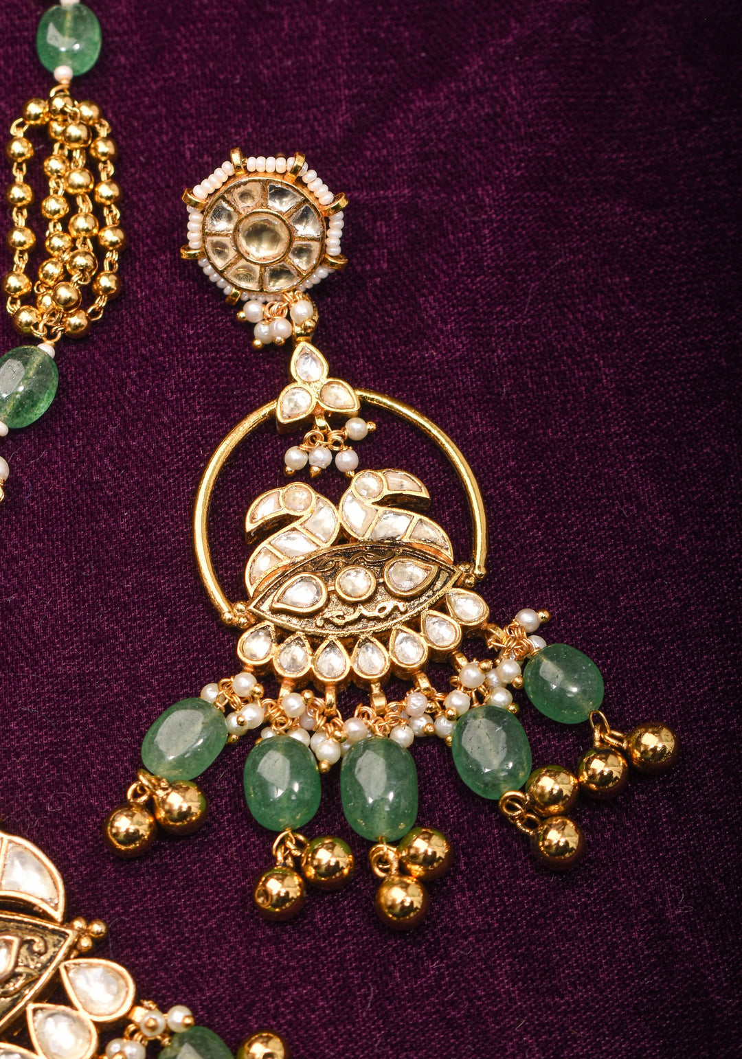 Jadau Pendant on Multistrand Sage Green Beads Necklace set with Twin Peacock Pendant and | Shobitam Jewelry