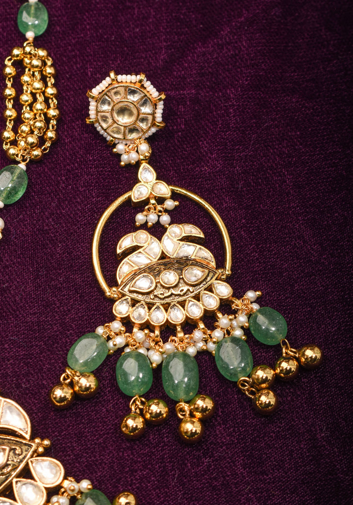 Jadau Pendant on Multistrand Sage Green Beads Necklace set with Twin Peacock Pendant and | Shobitam Jewelry