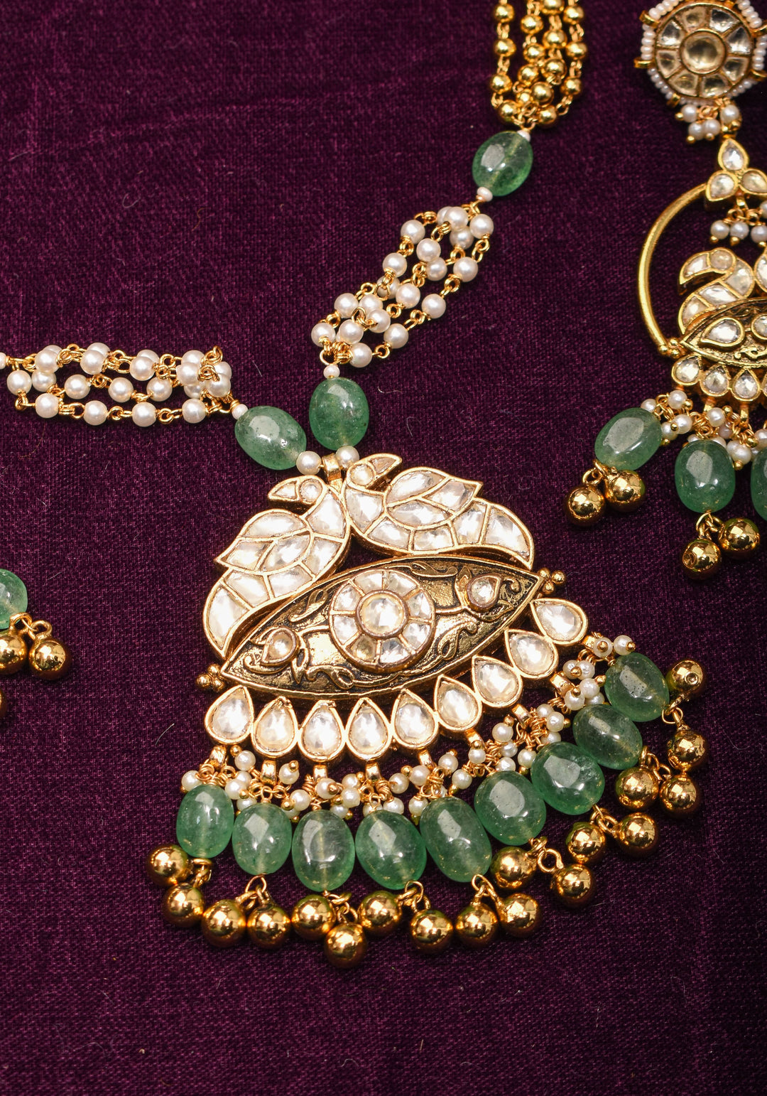 Jadau Pendant on Multistrand Sage Green Beads Necklace set with Twin Peacock Pendant and | Shobitam Jewelry