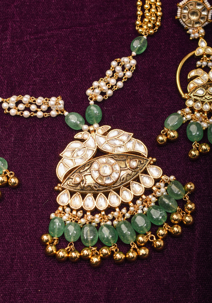 Jadau Pendant on Multistrand Sage Green Beads Necklace set with Twin Peacock Pendant and | Shobitam Jewelry