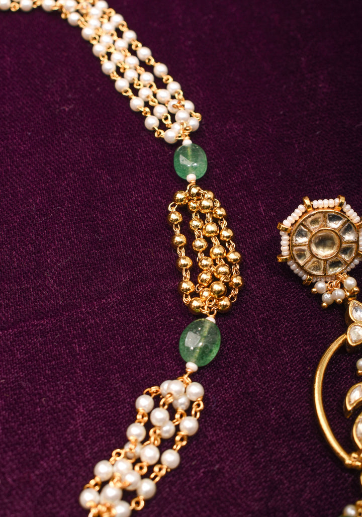 Jadau Pendant on Multistrand Sage Green Beads Necklace set with Twin Peacock Pendant and | Shobitam Jewelry