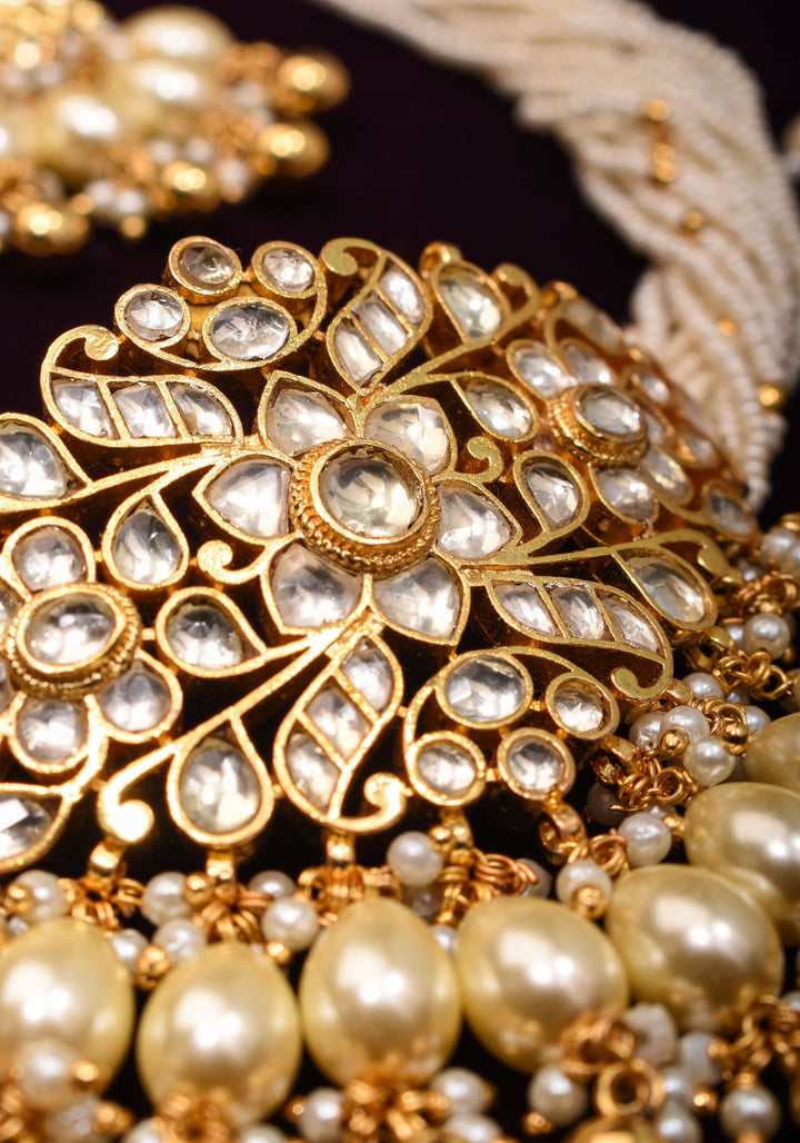 Ornate Jadau Pendant on Multistrand Necklace with Dangling Beads and Matching Earrings | Shobitam Jewelry