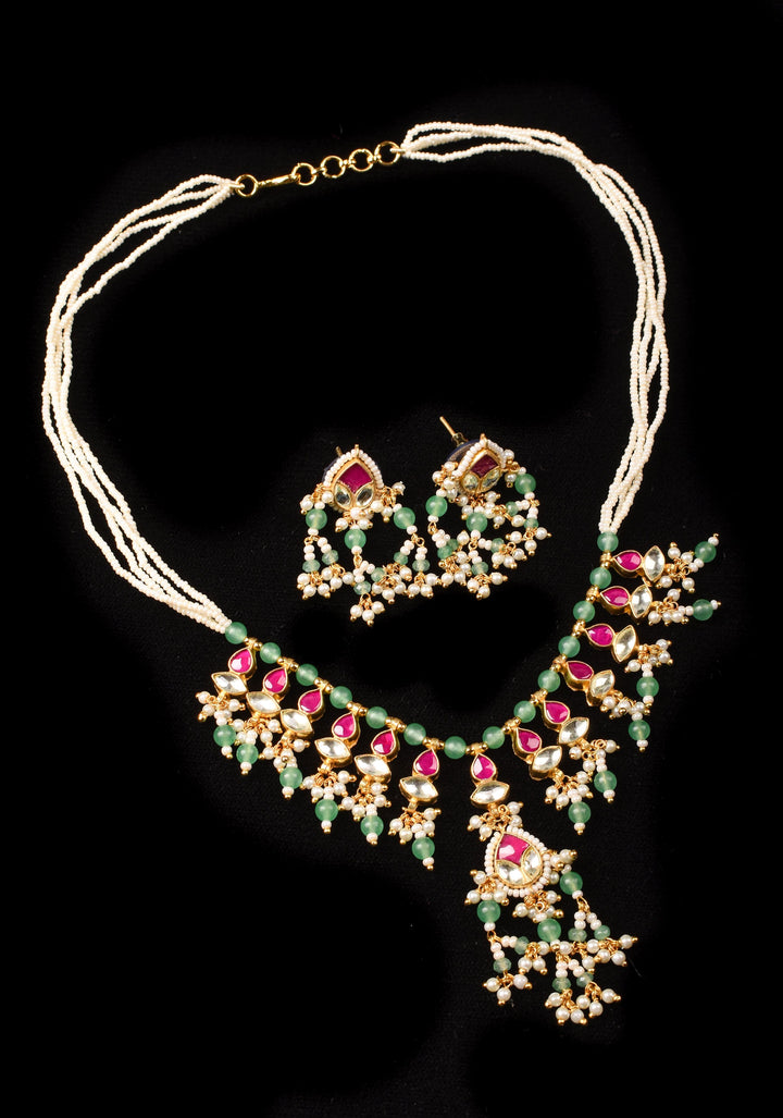 Simple and Lightweight Dangling Jadau Set necklace and Earrings Set
