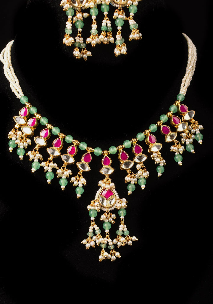 Simple and Lightweight Dangling Jadau Set necklace and Earrings Set