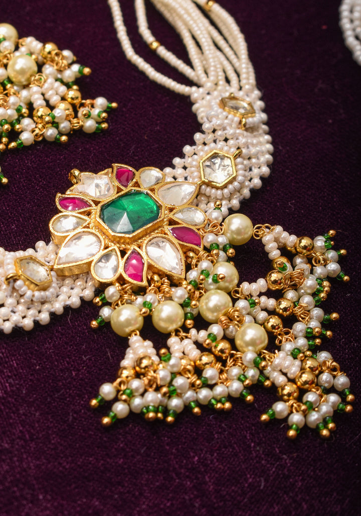 Ornate Jadau Floral Pendant on Multistrand Necklace Set with Dangling pearls | Shobitam Jewelry