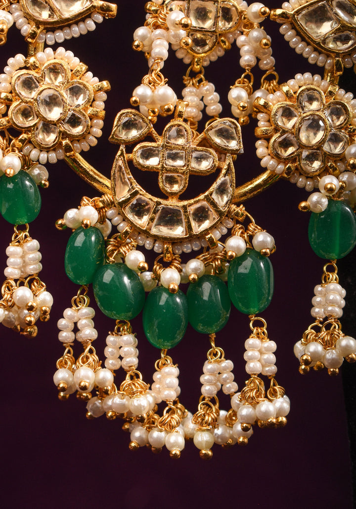 Jadau Chandbali Earrings with White Dainty Kundan stones and Green dangling beads | Shobitam Jewelry