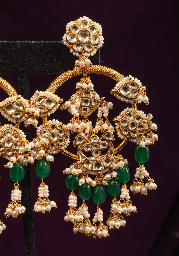Jadau Chandbali Earrings with White Dainty Kundan stones and Green dangling beads | Shobitam Jewelry