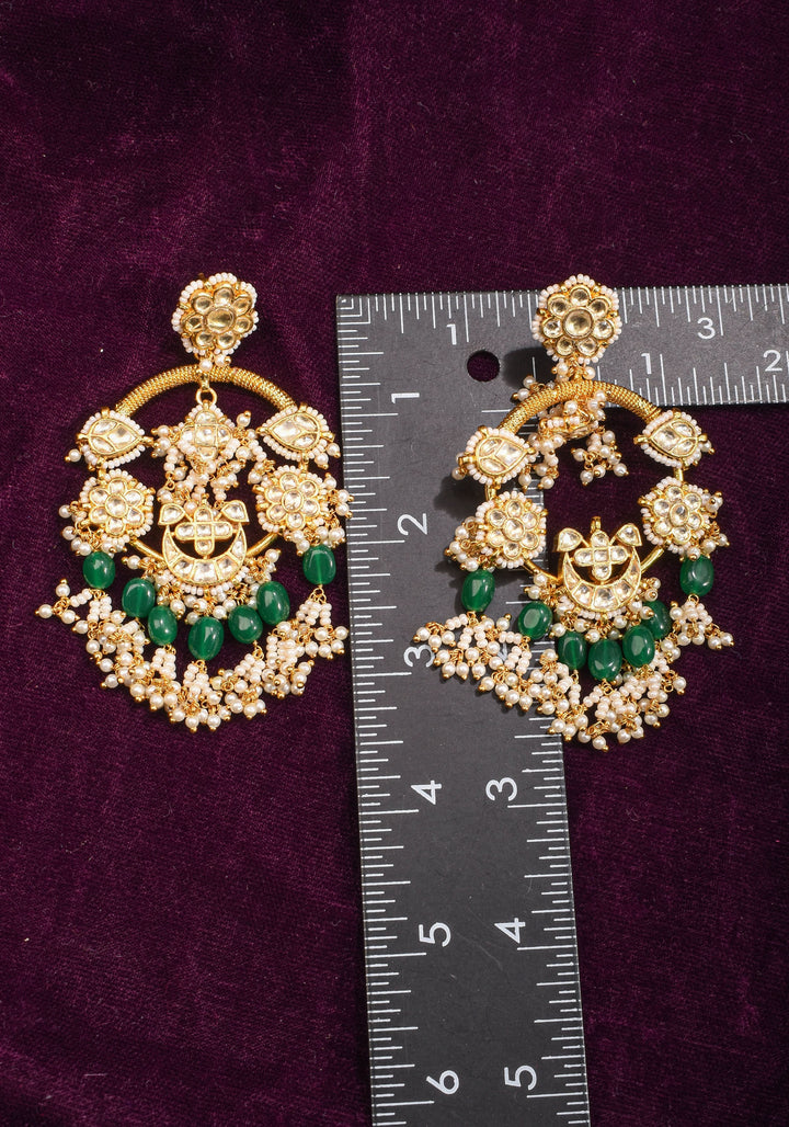 Jadau Chandbali Earrings with White Dainty Kundan stones and Green dangling beads | Shobitam Jewelry