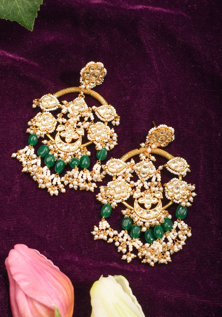 Jadau Chandbali Earrings with White Dainty Kundan stones and Green dangling beads | Shobitam Jewelry