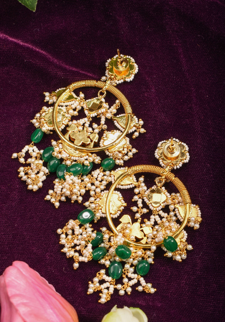 Jadau Chandbali Earrings with White Dainty Kundan stones and Green dangling beads | Shobitam Jewelry