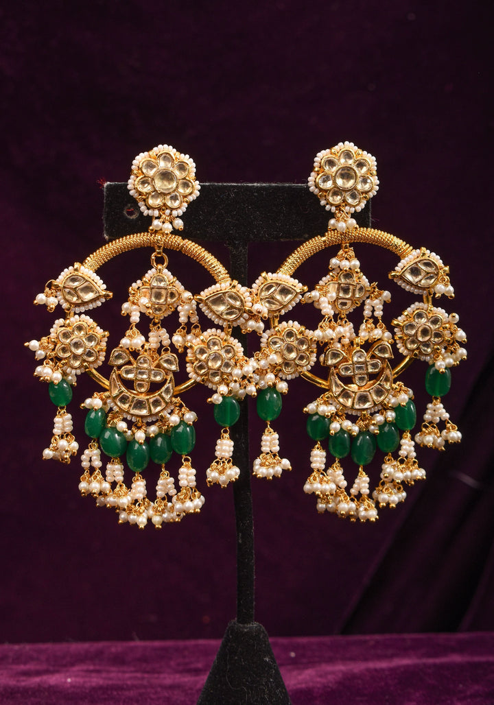 Jadau Chandbali Earrings with White Dainty Kundan stones and Green dangling beads | Shobitam Jewelry