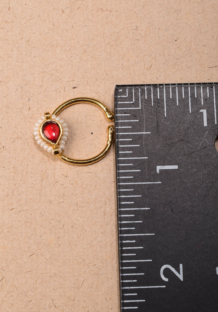 Red Kundan Clip on nose pin surrounded with Pearls Beads