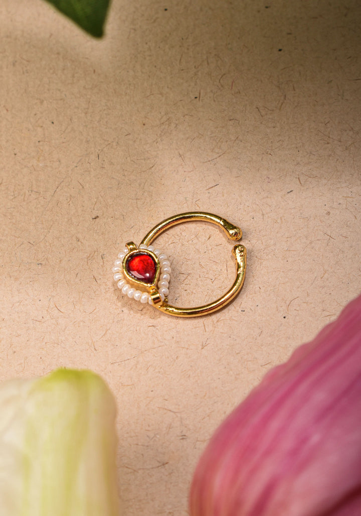 Red Kundan Clip on nose pin surrounded with Pearls Beads