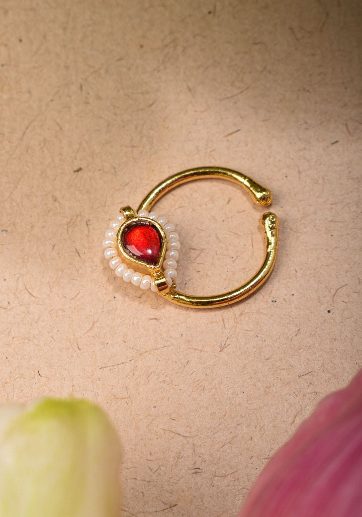 Red Kundan Clip on nose pin surrounded with Pearls Beads
