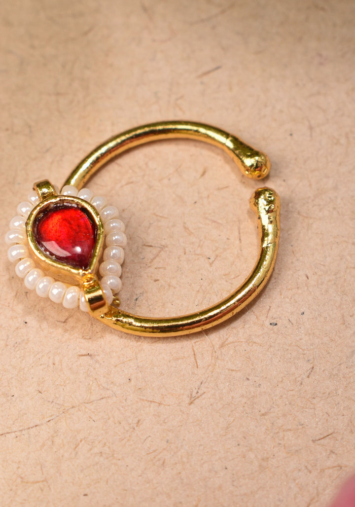 Red Kundan Clip on nose pin surrounded with Pearls Beads